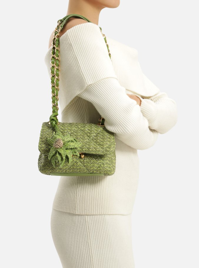 Bolsa Tiracolo Verde Ráfia Mizz Pequena Flor