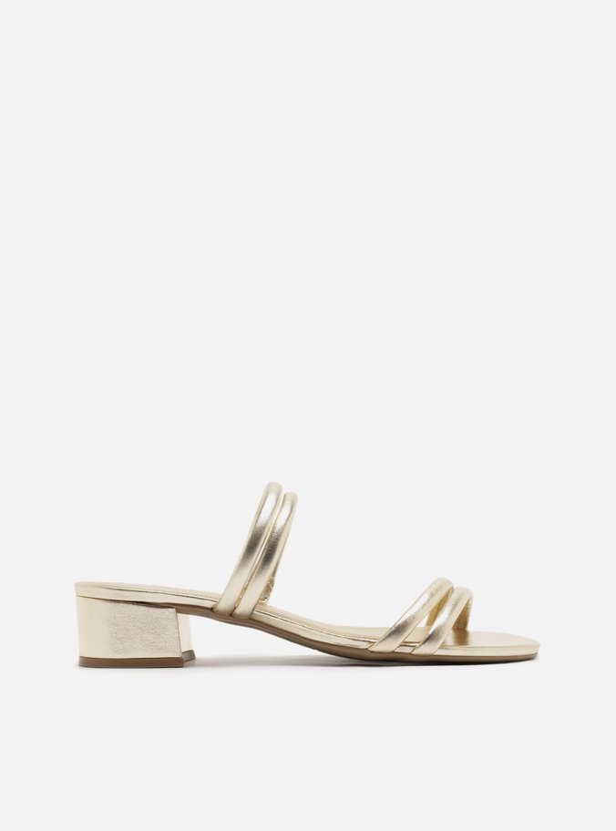 Sandália Dourada Salto Baixo Tiras Duplas