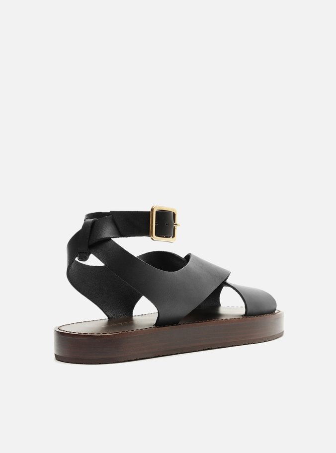 Sandália Preta Couro Flatform Tiras Largas