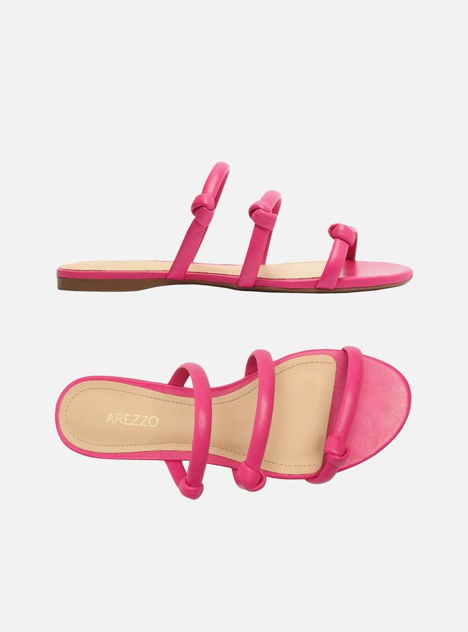 Sandália Rasteira Rosa Pink Bico Redondo Tiras Nó