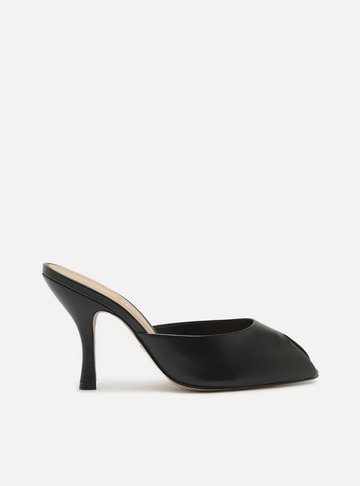 Mule Peep Toe Preta Couro Salto Alto