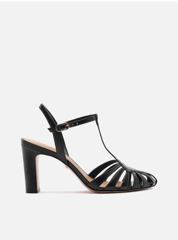 Sandália Preta Couro Salto Bloco Multi Tiras