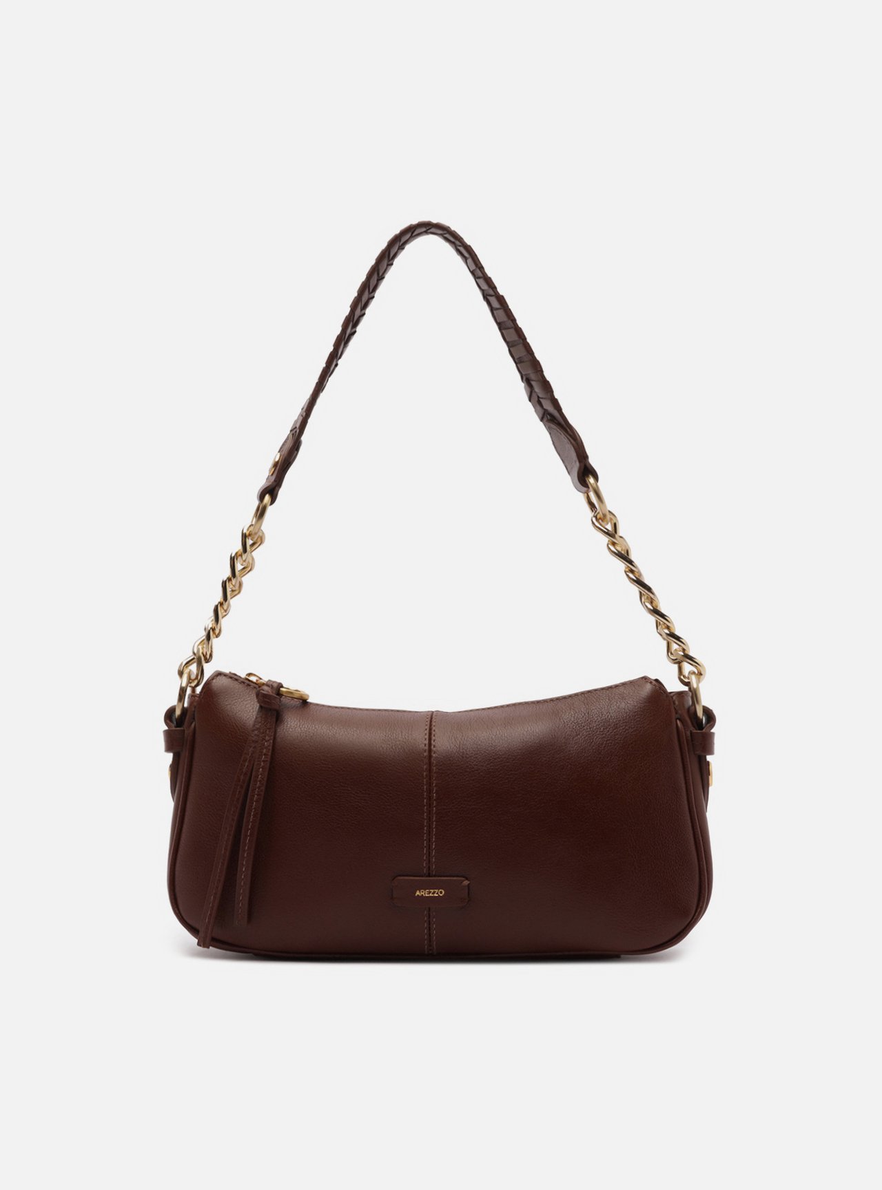 Bolsa Shoulder Marrom Couro Média Costura Corrente — foto 1