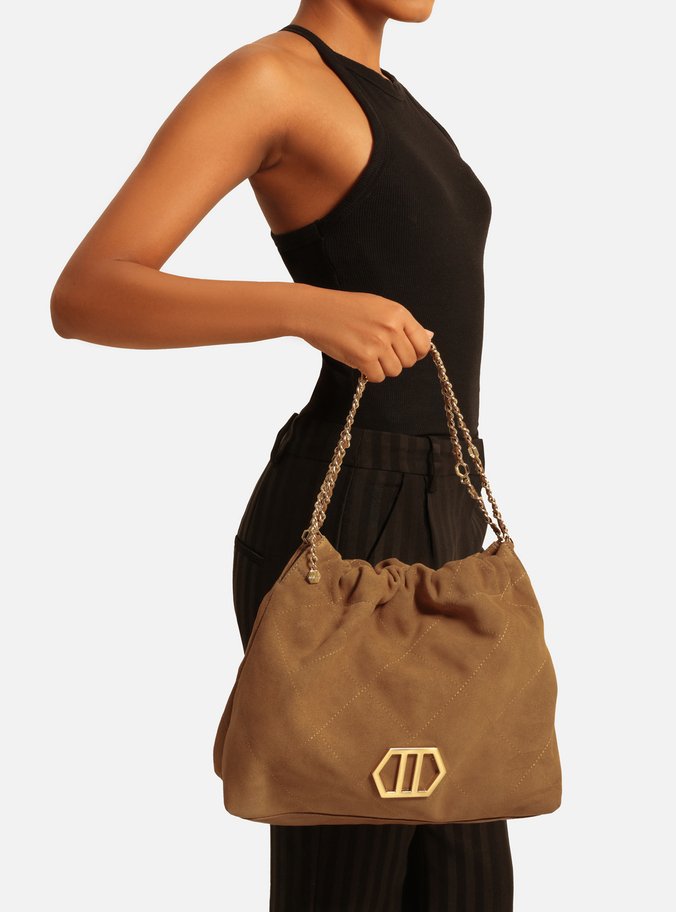 Bolsa Hobo Bege Couro Acamurçado Esther Grande