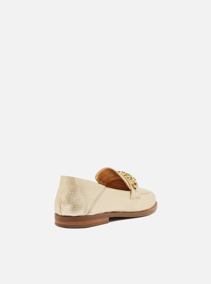Mocassim Dourado Couro Corrente Pingente