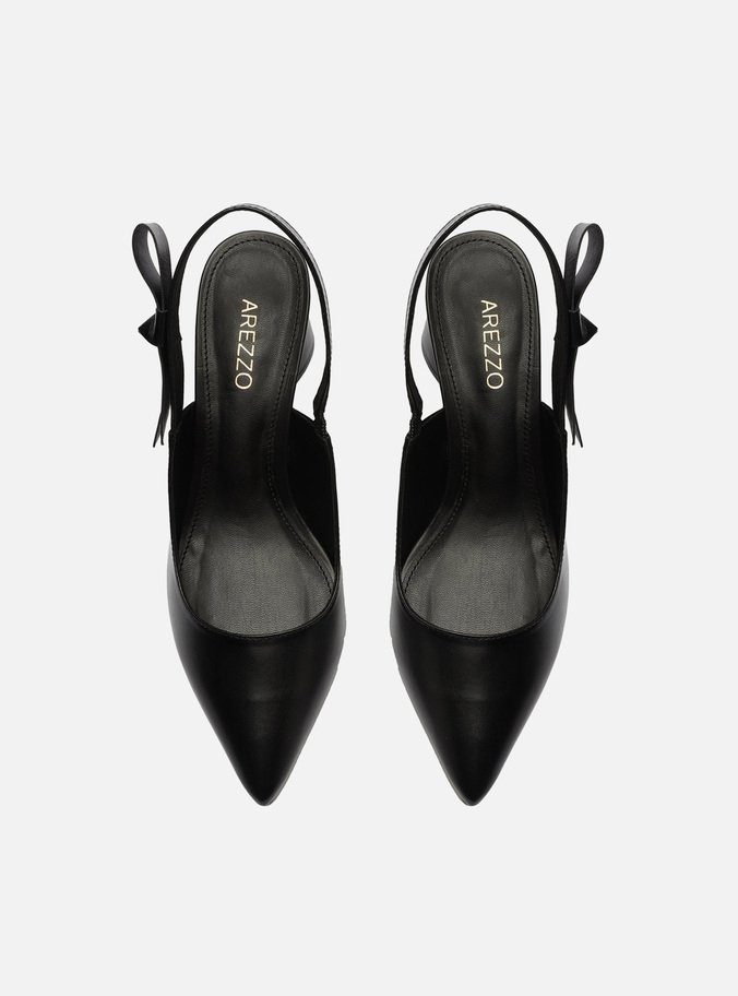 Scarpin Preto Couro Bloco Slingback Laço