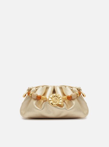 Clutch Dourada Couro Média Pedrarias Concha