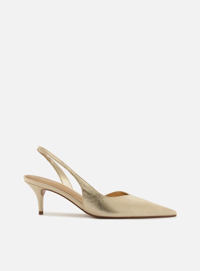 Scarpin Dourado Couro Salto Fino Slingback