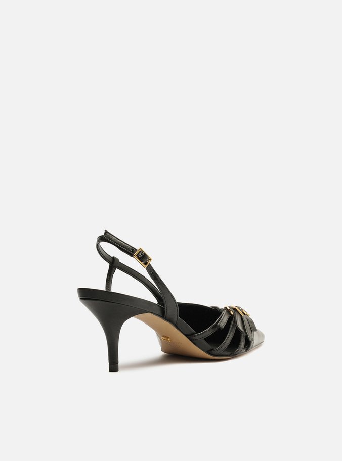Scarpin Preto Couro Salto Kitten Tiras Fivelas