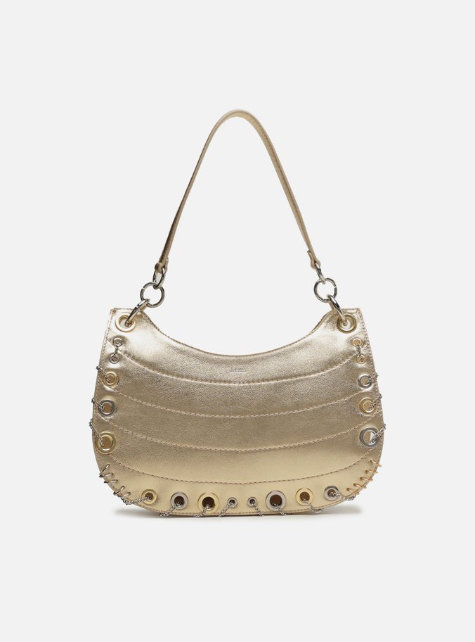 Bolsa Hobo Dourada Couro Média Costuras Metais
