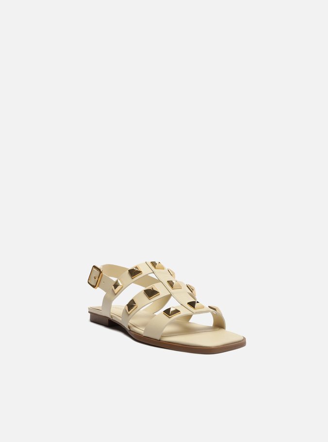 Sandália Rasteira Off-White Couro Tiras Studs