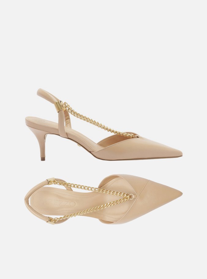 Scarpin Bege Couro Salto Baixo Corrente Esther