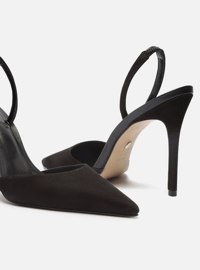 Scarpin Preto Nobuck Salto Alto Bico Fino Aberto