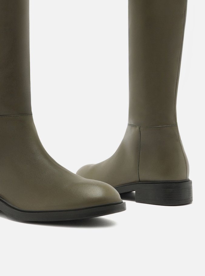 Bota Over The Knee Verde Couro Salto Bloco