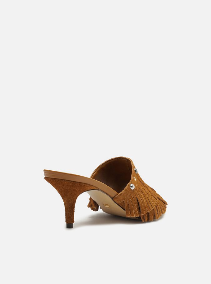 Mule Marrom Clara Camurça Salto Fino Franjas