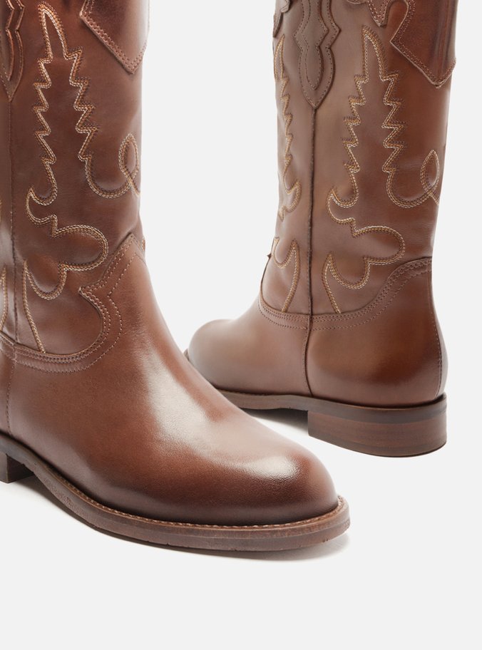 Bota Marrom Pecan Couro Cano Longo Bordado Western