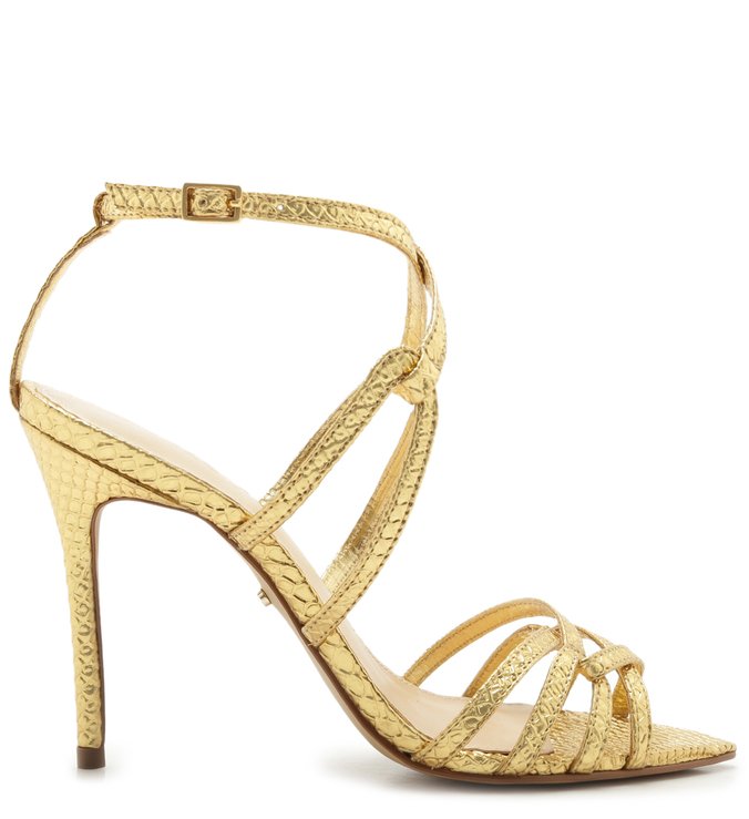 Sandália Phyton Shine Salto Alto Fino Bico Folha New Golden