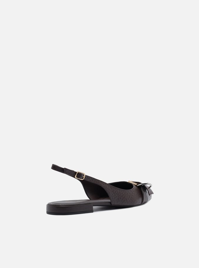 Sapatilha Marrom Couro Textura Slingback Fivela