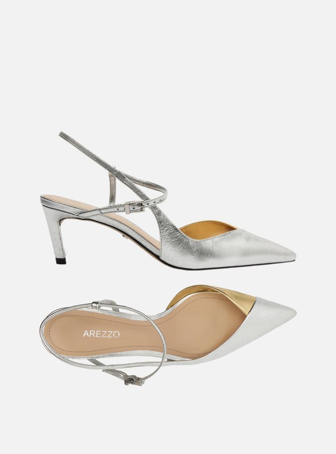 Scarpin Prateado Salto Médio Slingback Cruzado