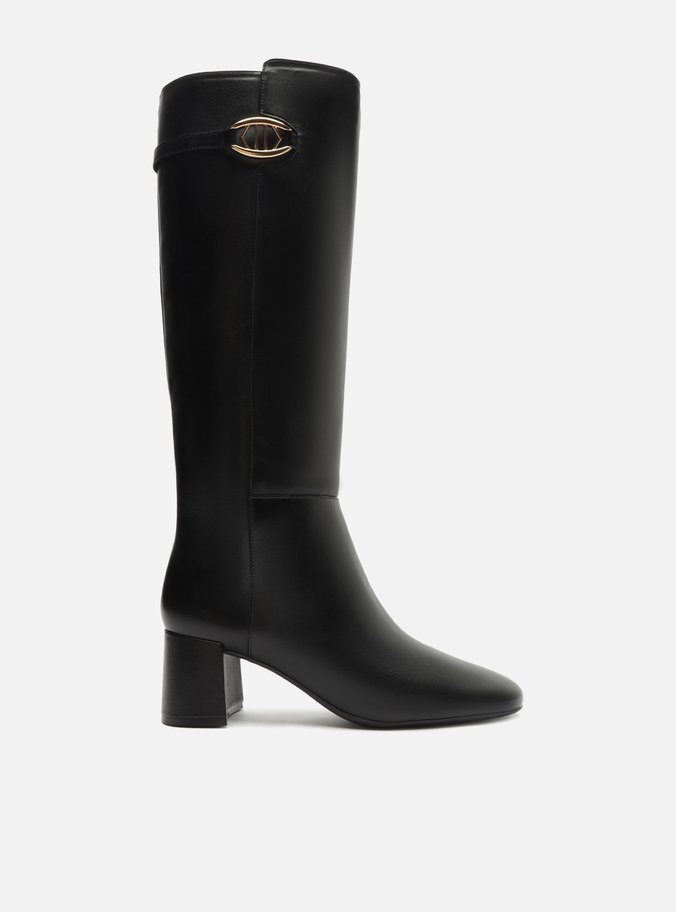 Bota Preta Couro Cano Alto Salto Bloco