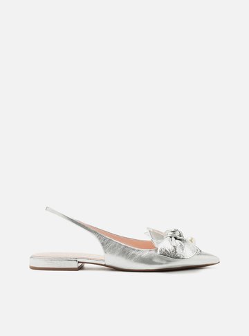 Sapatilha Prata Couro Slingback Laço Pérolas