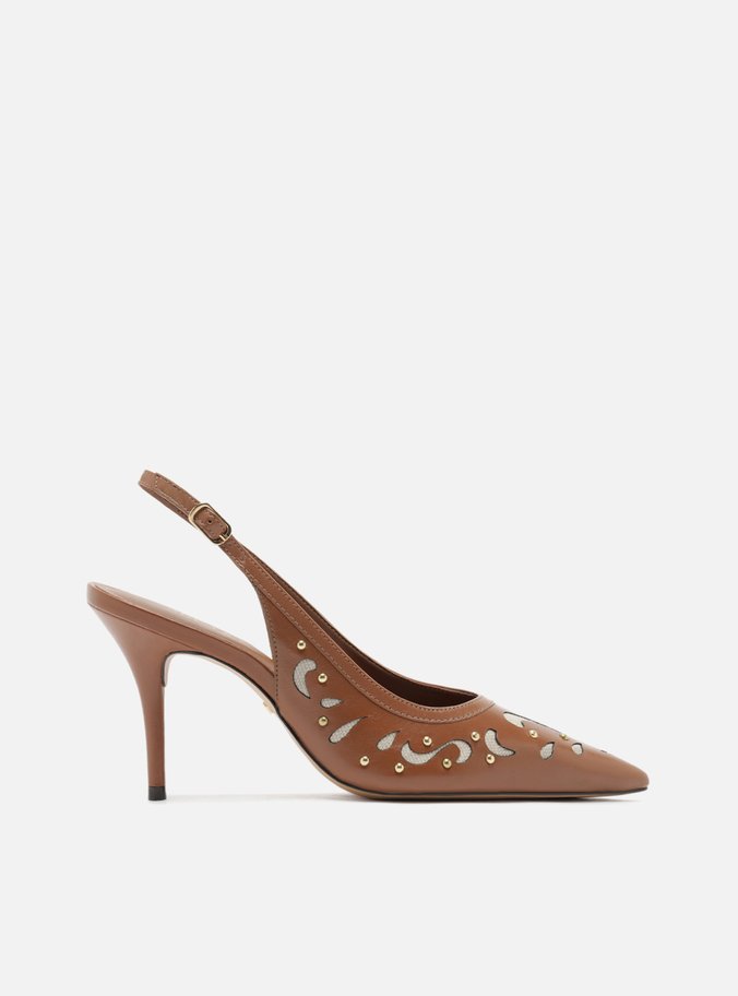 Scarpin Marrom Couro Salto Fino Slingback Recortes