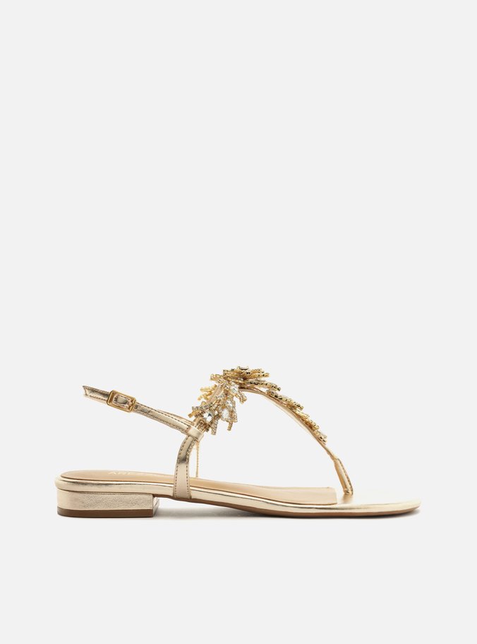 Sandália Rasteira Dourada Slim Pedrarias Glam