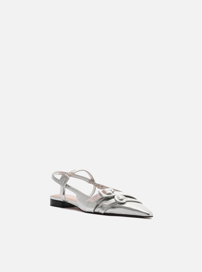 Sapatilha Prata Couro Slingback Fivelas