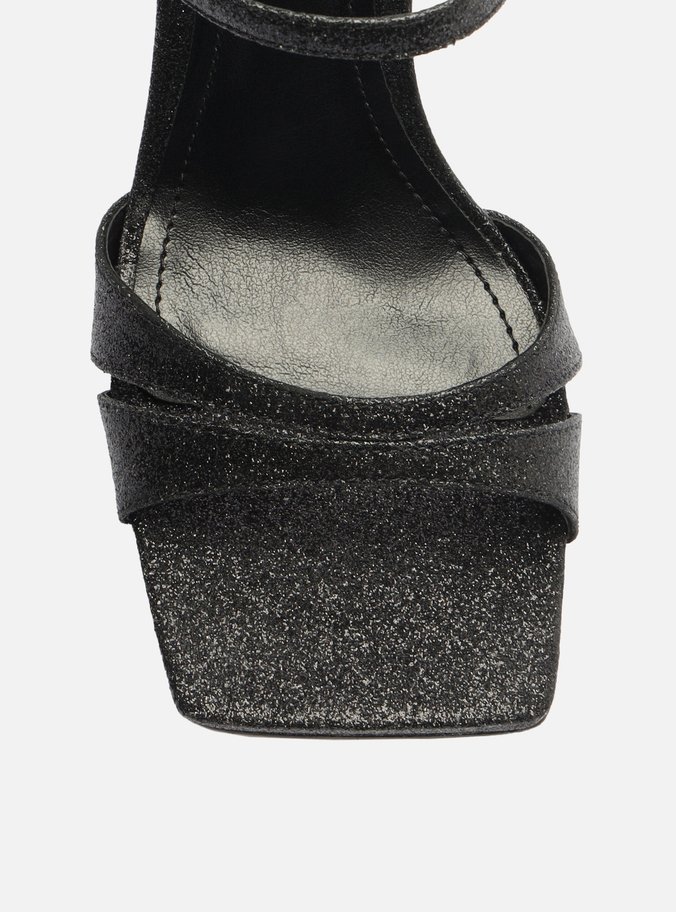 Sandália Preta Salto Fino Bico Quadrado Glitter Gigi