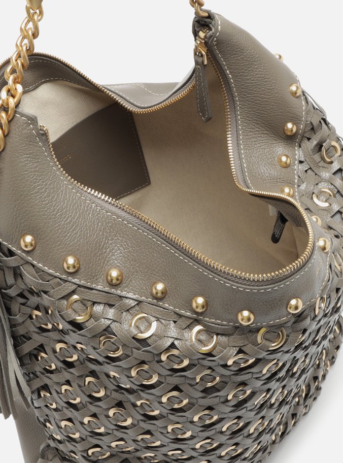 Bolsa Hobo Cinza Couro Tressê Metais Grande