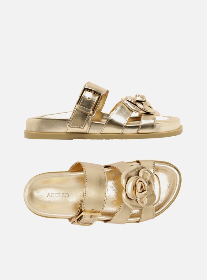 Sandália Rasteira Dourada Couro Flor Fivela