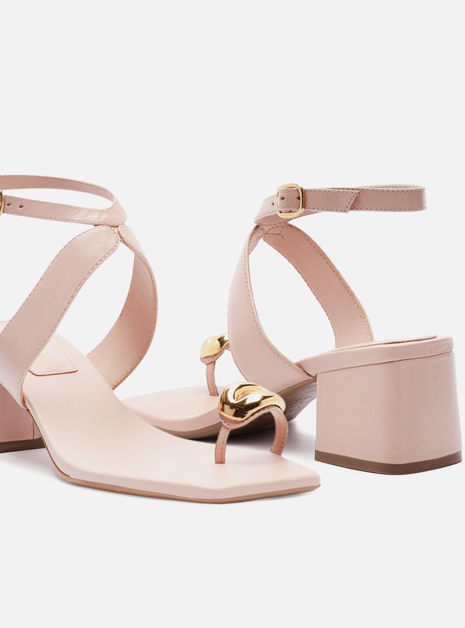 Sandália Rosa Couro Salto Bloco Metal Bold