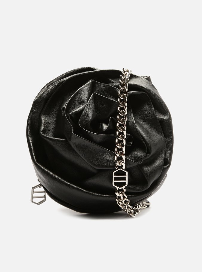 Bolsa Tiracolo Preta Couro Pequena Flor