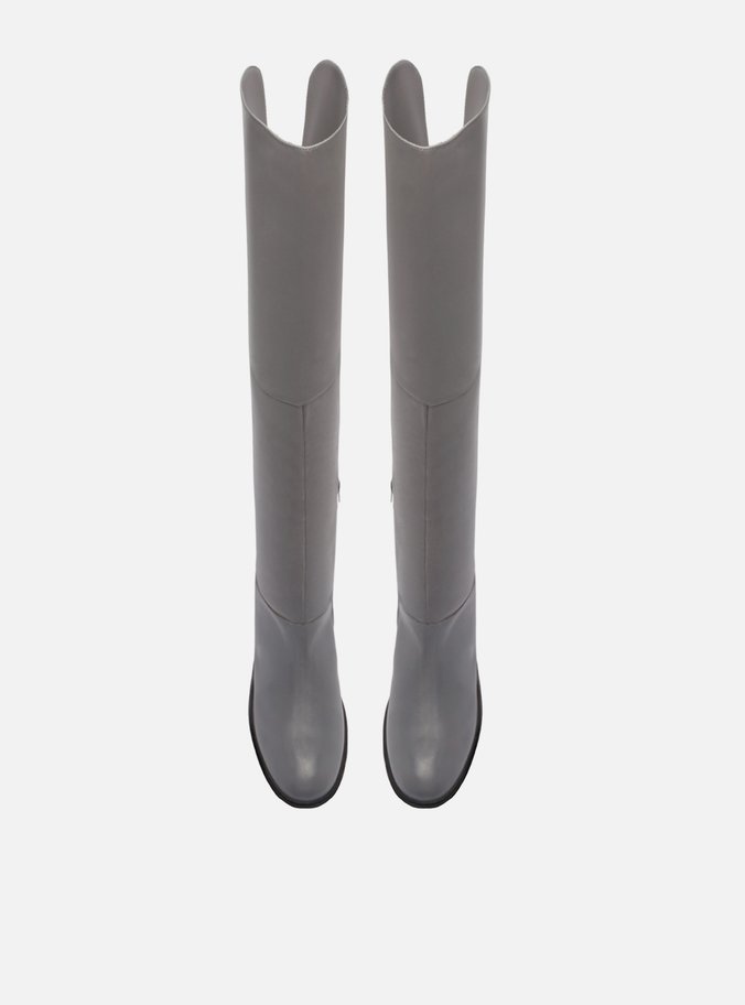 Bota Over The Knee Cinza Couro Salto Bloco