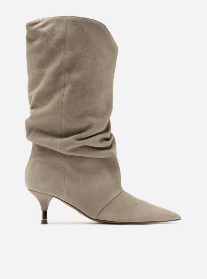 Bota Cinza Camurça Cano Médio Salto Fino Slouch