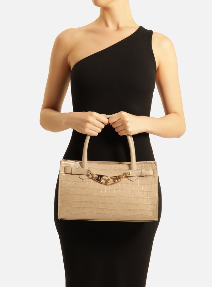 Bolsa Tote Bege Couro Croco Grande Ganchos
