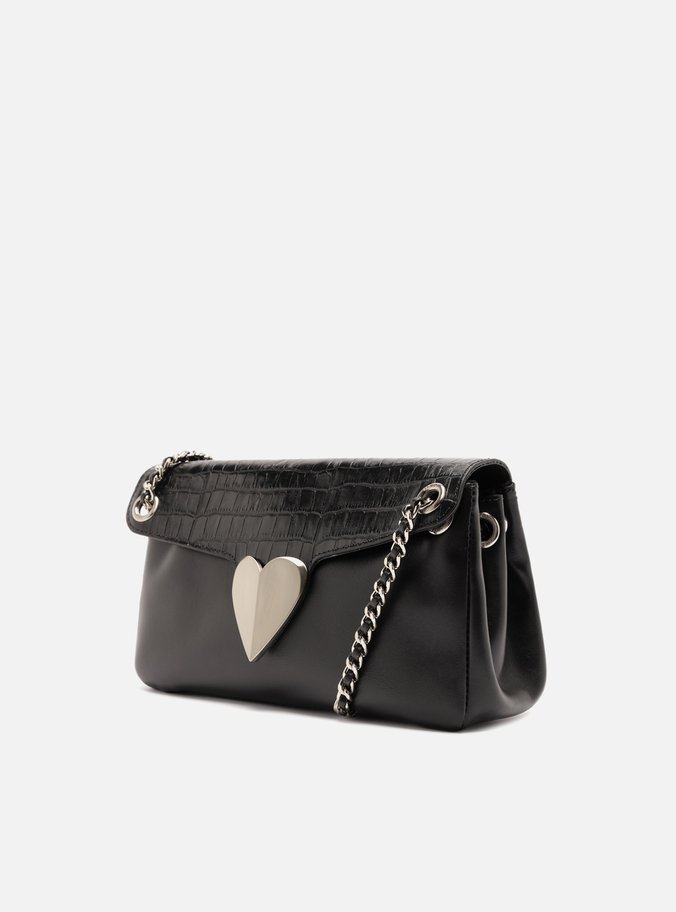 Bolsa Tiracolo Preta Couro Média Coração Metal