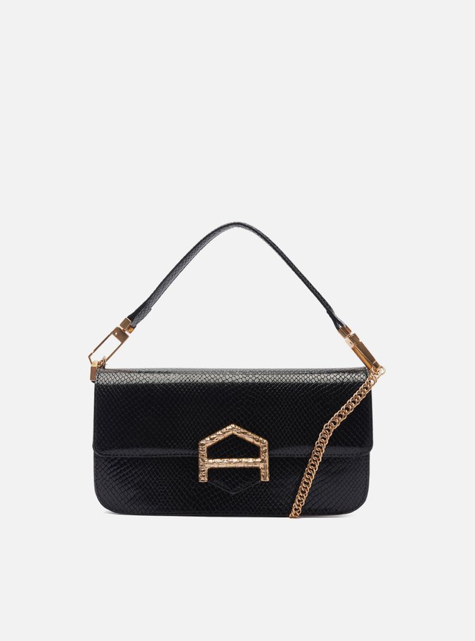Bolsa Média Preta Couro Fecho Metálico Corrente