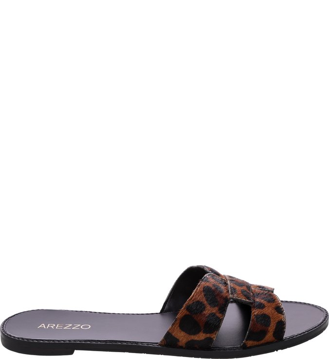 Chinelo Slide Rasteiro Pelo Animal Print Caramelo