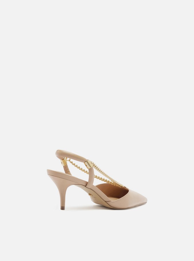 Scarpin Bege Couro Salto Baixo Corrente Esther