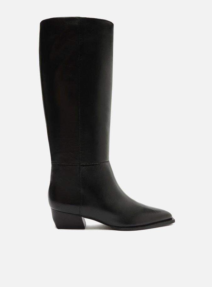 Bota Preta Couro Cano Longo Salto Bloco