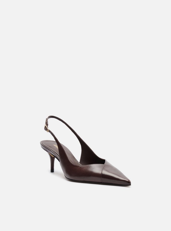 Scarpin Marrom Couro Salto Kitten Slingback