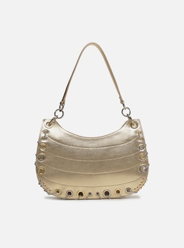 Bolsa Hobo Dourada Couro Média Costuras Metais