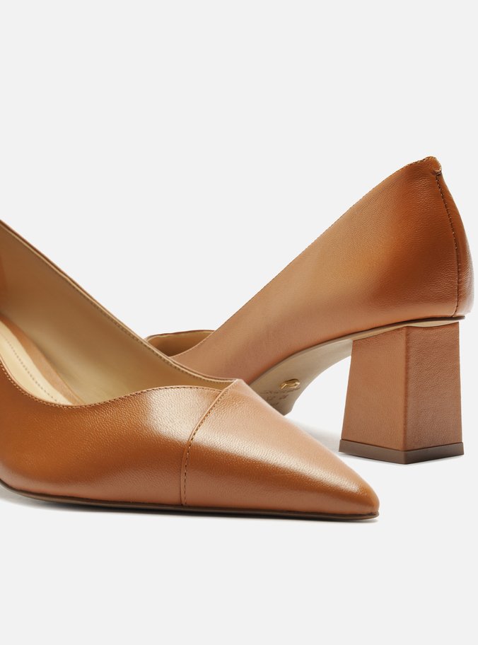 Scarpin Marrom Couro Salto Bloco Bico Fino