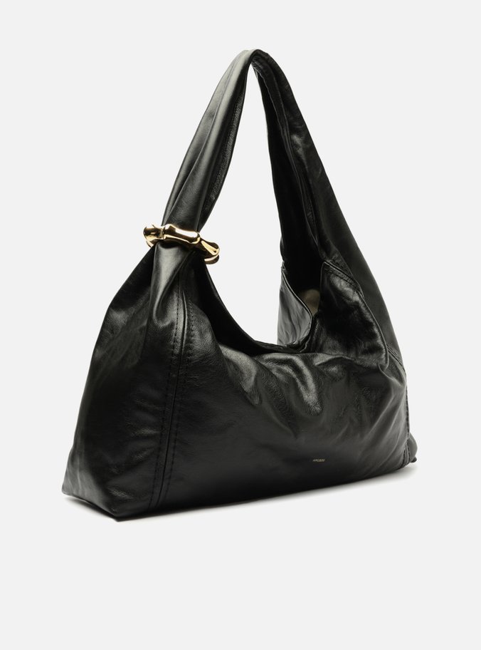 Bolsa Hobo Preta Couro Grande Metal