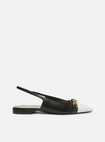 Sapatilha Preta Couro Bico Fino Slingback Branca