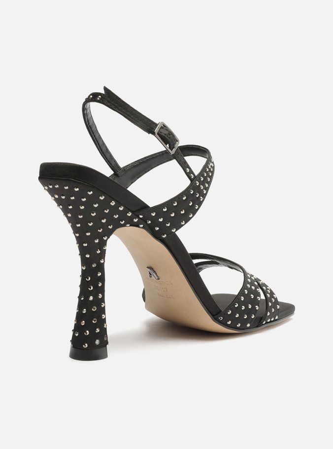 Sandália Preta Salto Fino Bico Quadrado Strass