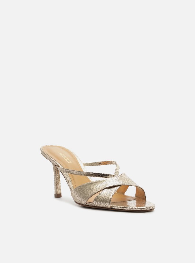 Mule Dourado Salto Fino Tiras Cruzadas