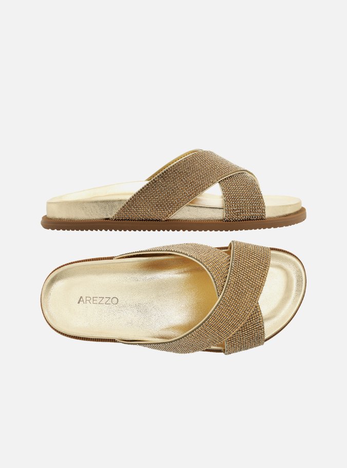 Slide Dourado Tiras Largas Strass