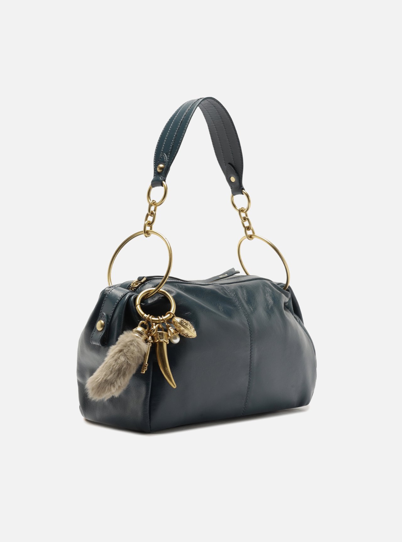 Bolsa Shoulder Azul Couro Média Metais — foto 5